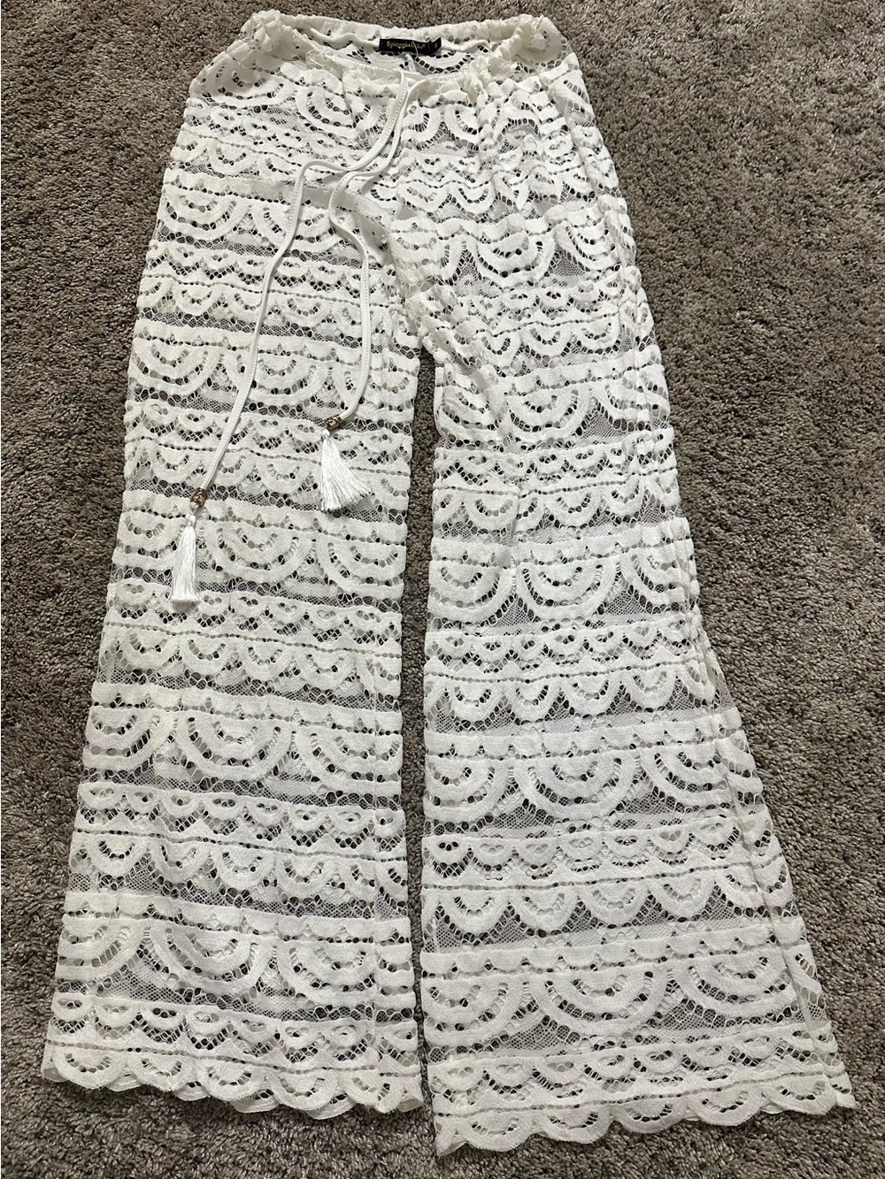 White Crochet Wide-Leg Lace Pants with Tassel Drawstring